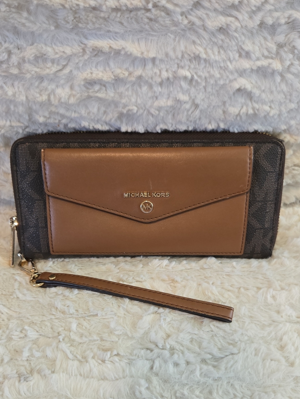 Michael Kors Brown Signature Monogram + Leather Wristlet / Wallet